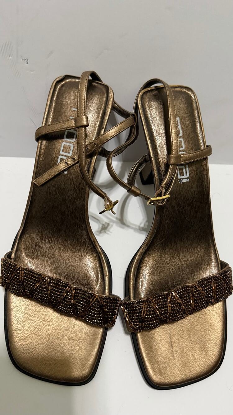 Moda Womens 7.5 Bronze Beaded Heels Strappy Dress Wedding Party Evening Sandals⁠